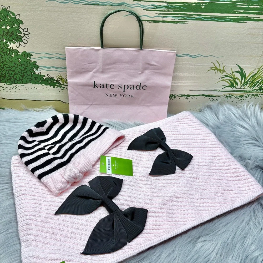 KATE SPADE - Pink and Black Bow Beanie & Scarf Set + Gift Bag